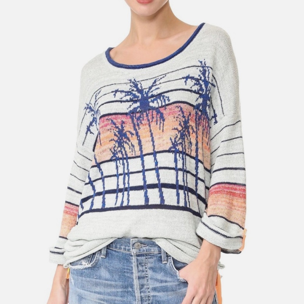 Free People Blue and Orange Palm Sweater Women’s Small 3/4 Sleeve